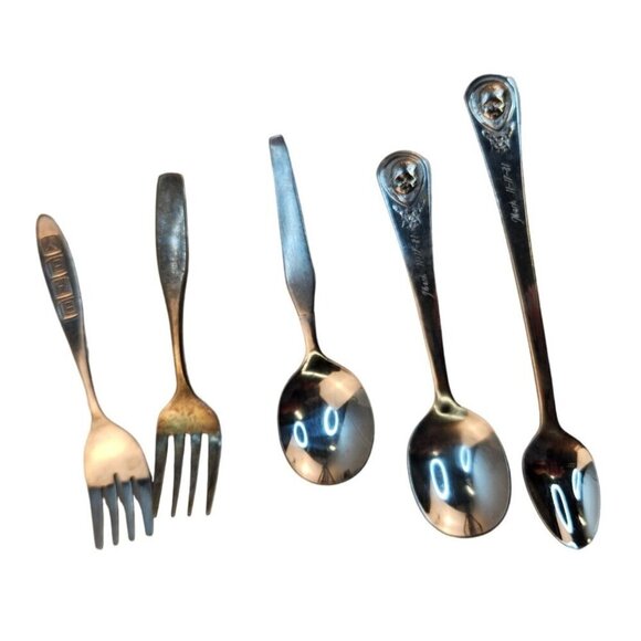 Vintage Baby Utensils Set Of 5 - 3 Teaspoons & 2 Forks - Silver Stainless, 2 Ger - Picture 1 of 13